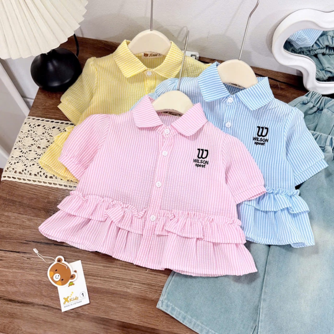 Sét sơ mi sọc w quần bò xuông bé gái