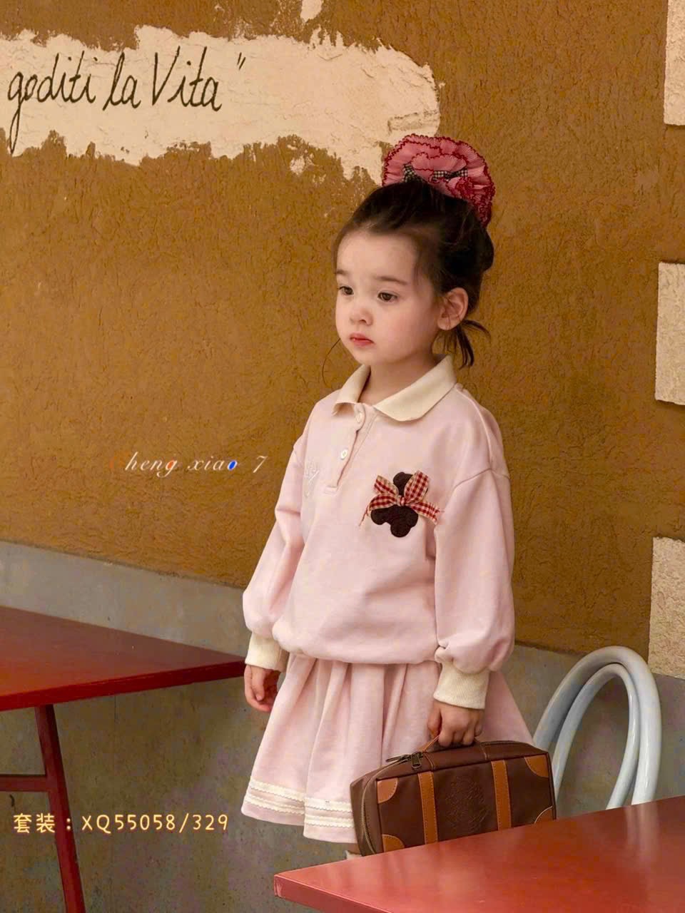 Sét bộ nỉ gấu kem hồng cv dập ly bé gái