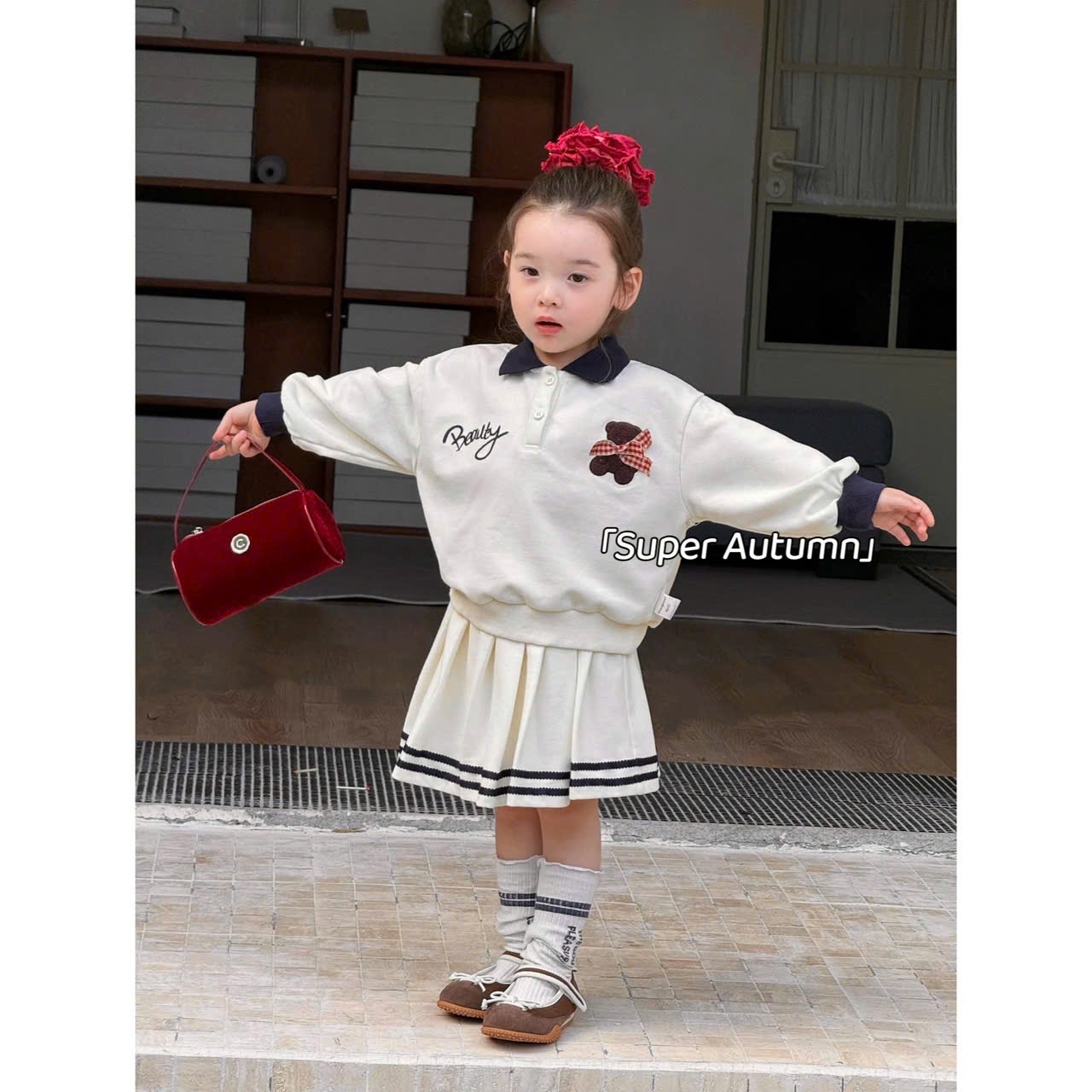 Sét bộ nỉ gấu kem hồng cv dập ly bé gái