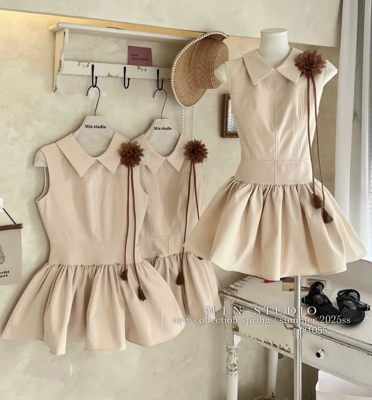 Sét váy đính hoa nâu sn bé gái