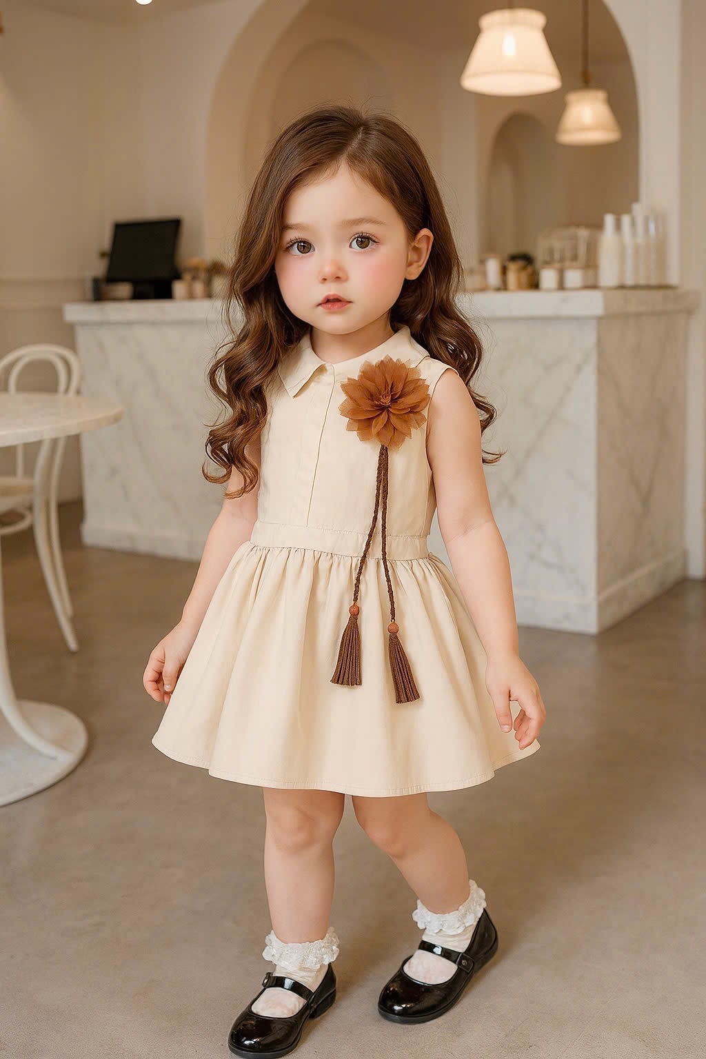 Sét váy đính hoa nâu sn bé gái