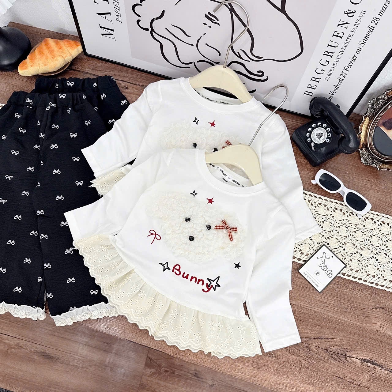 Sét bộ áo bunny quần đen nơ bé gái