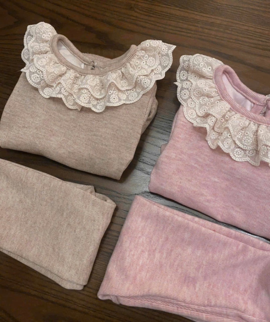 Sét bộ áo tăm lông thỏ nâu hồng cổ ren bé gái