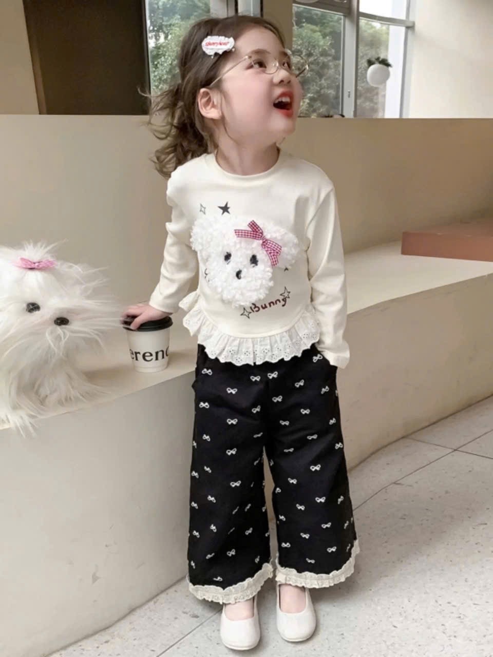 Sét bộ áo bunny quần đen nơ bé gái