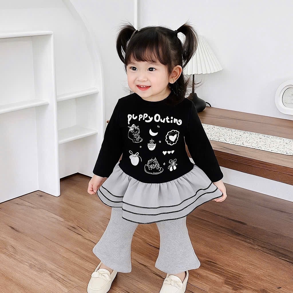 Sét áo dài tay phối thân voan quần loe bé gái