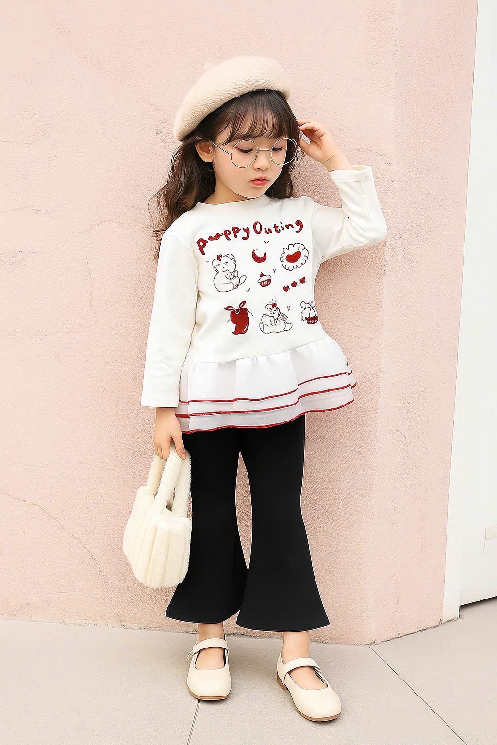 Sét áo dài tay phối thân voan quần loe bé gái