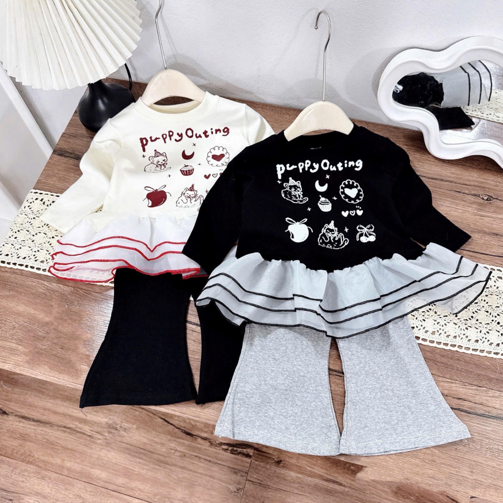 Sét áo dài tay phối thân voan quần loe bé gái