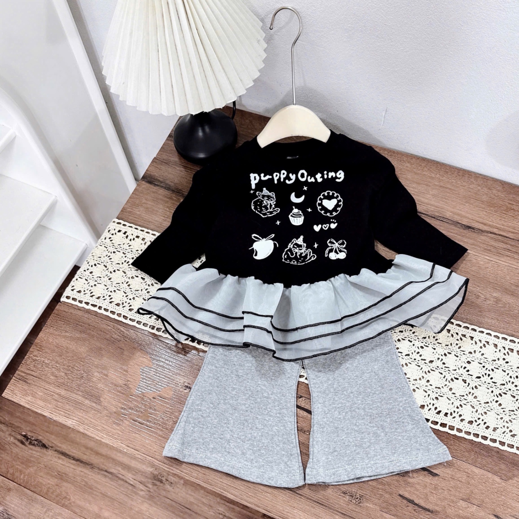 Sét áo dài tay phối thân voan quần loe bé gái