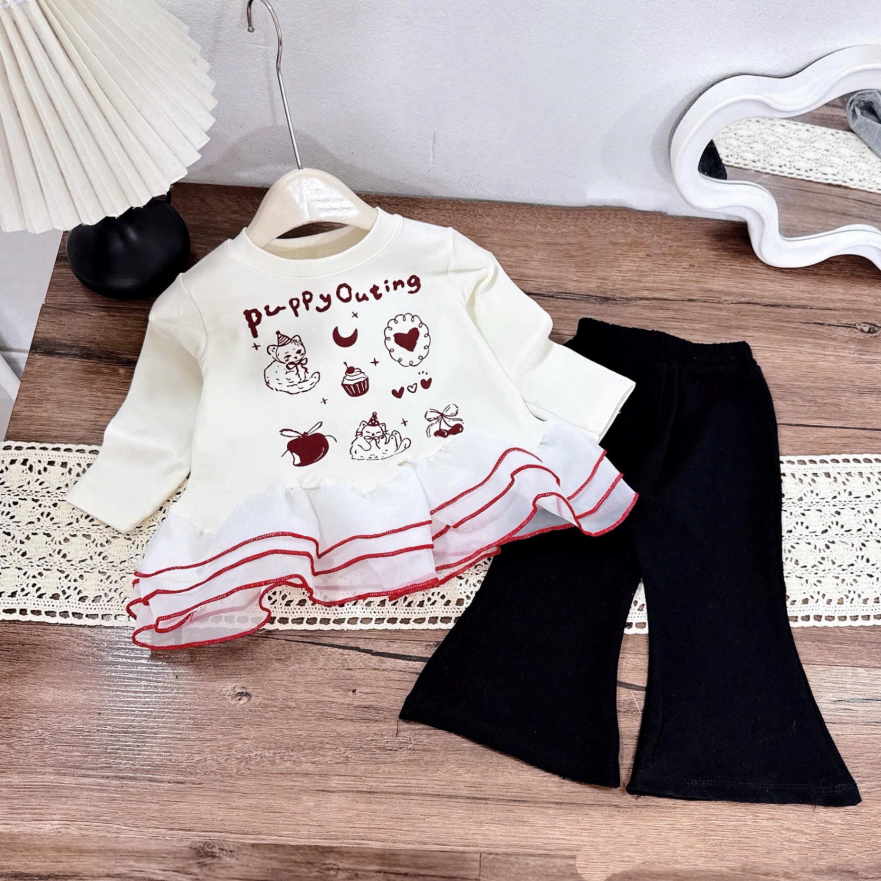 Sét áo dài tay phối thân voan quần loe bé gái