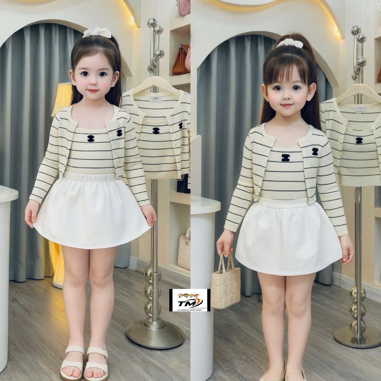 Sét 3 chi tiết áo tăm kẻ hoa đá cv trắng bé gái