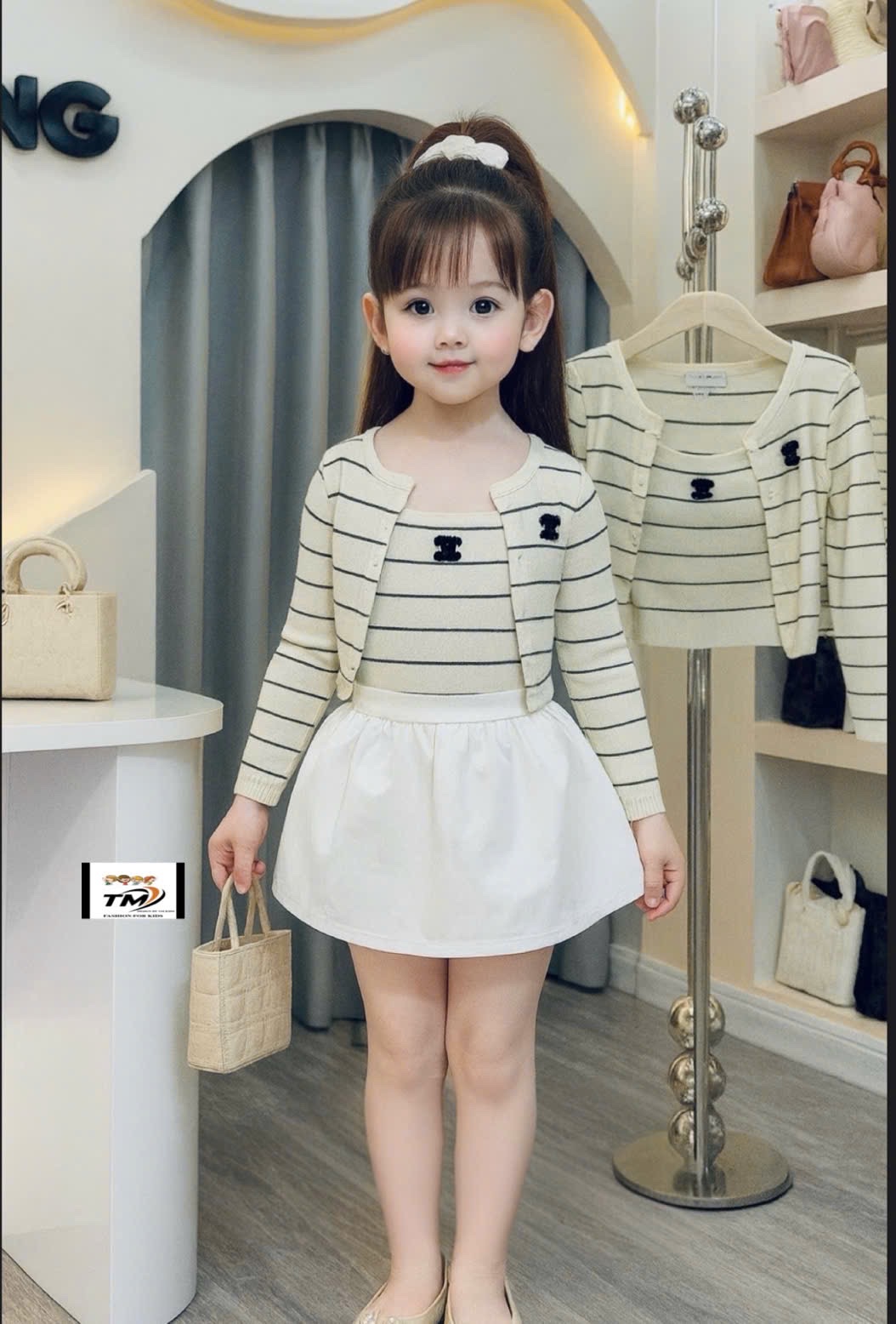 Sét 3 chi tiết áo tăm kẻ hoa đá cv trắng bé gái