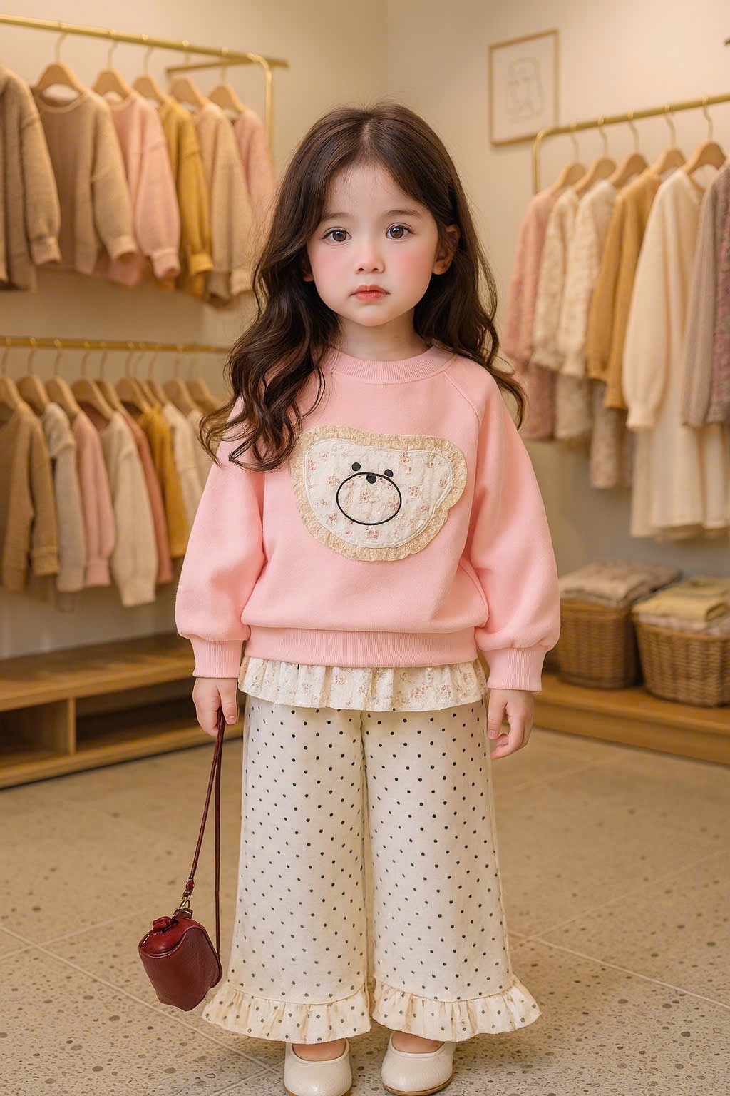 Sét áo nỉ mặt gấu quần trắng chấm bi bé gái