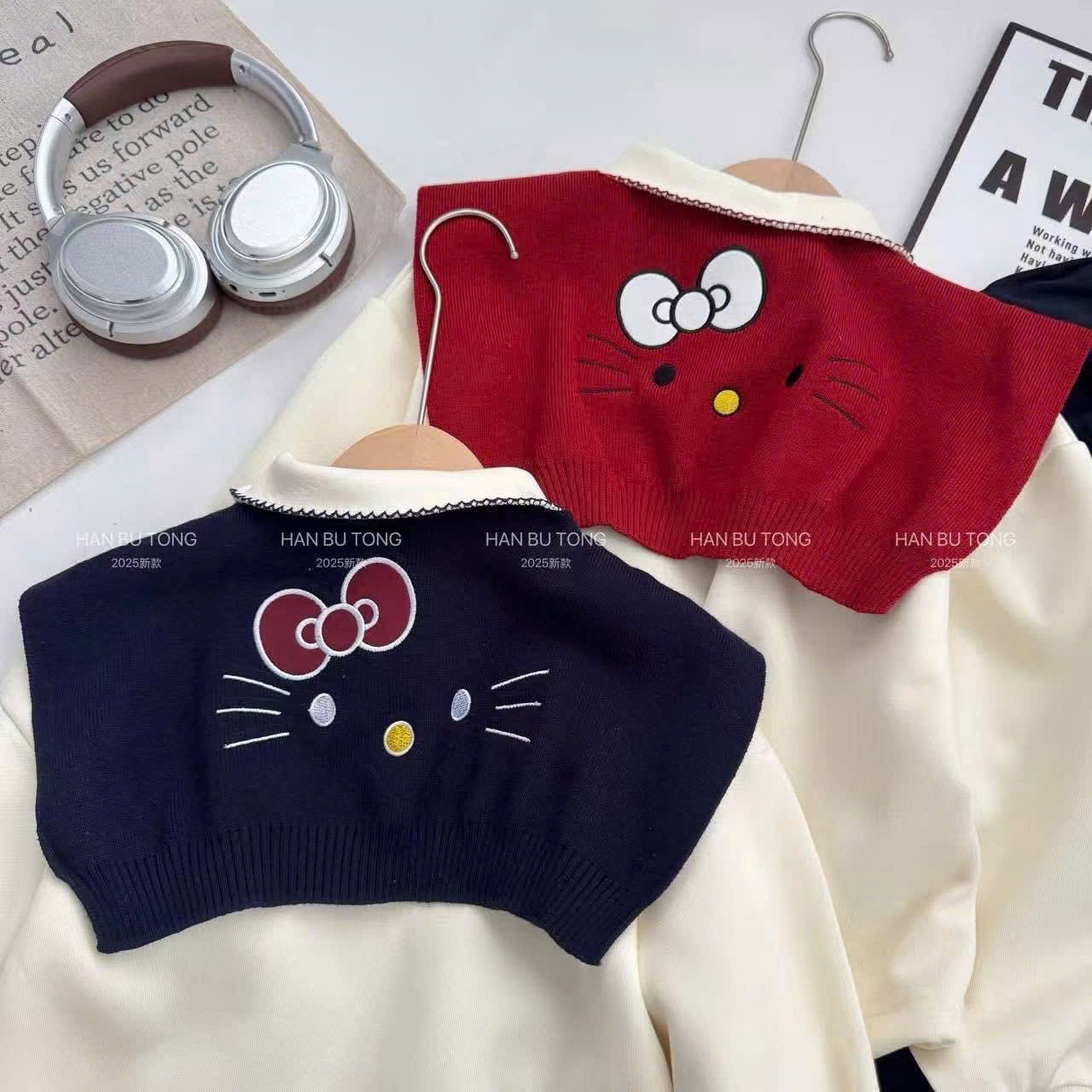 Sét bộ nỉ kèm khăn kitty +quần cạp bèo bé gái