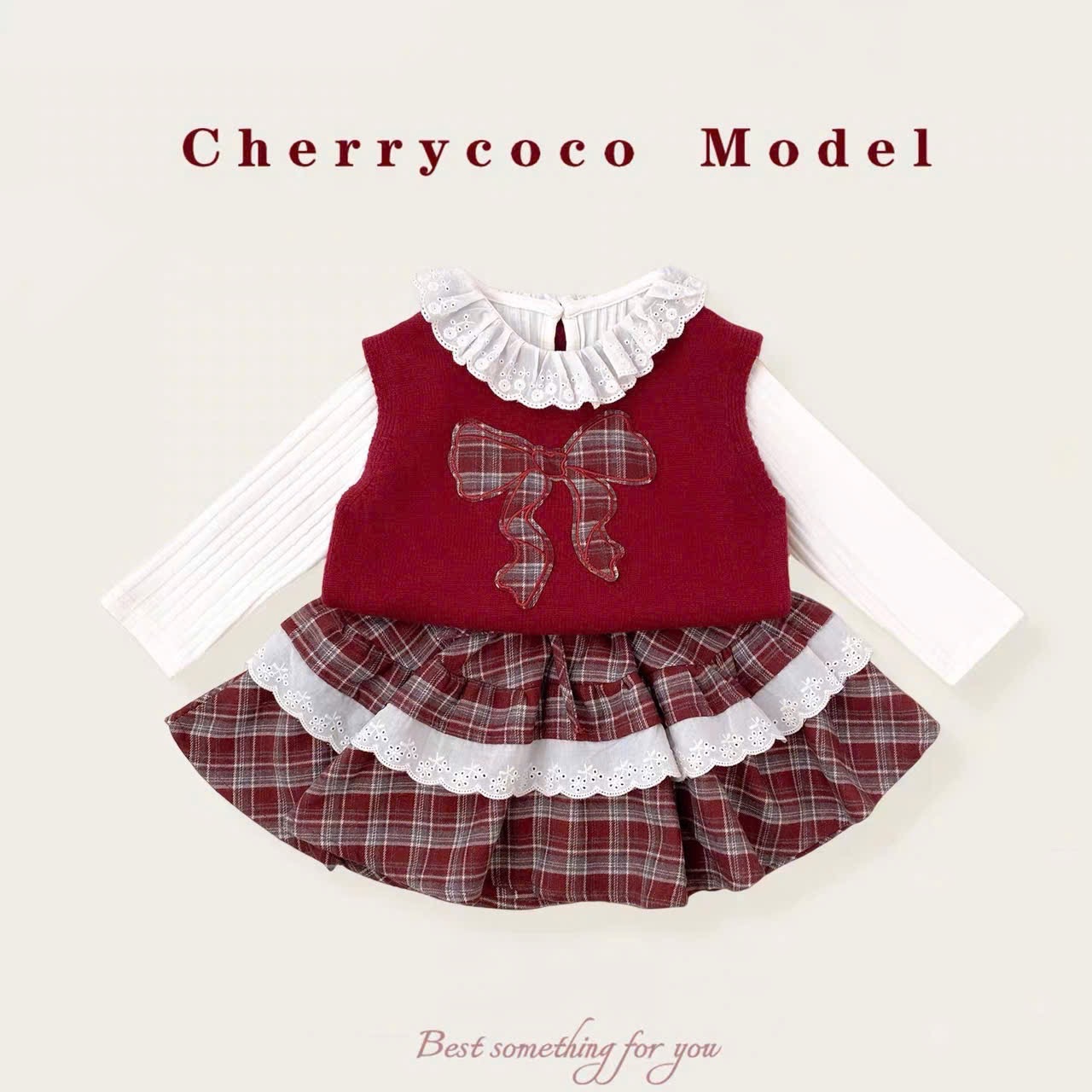 Sét 3 chi tiết gile đỏ hình nơ xk cv kẻ bé gái