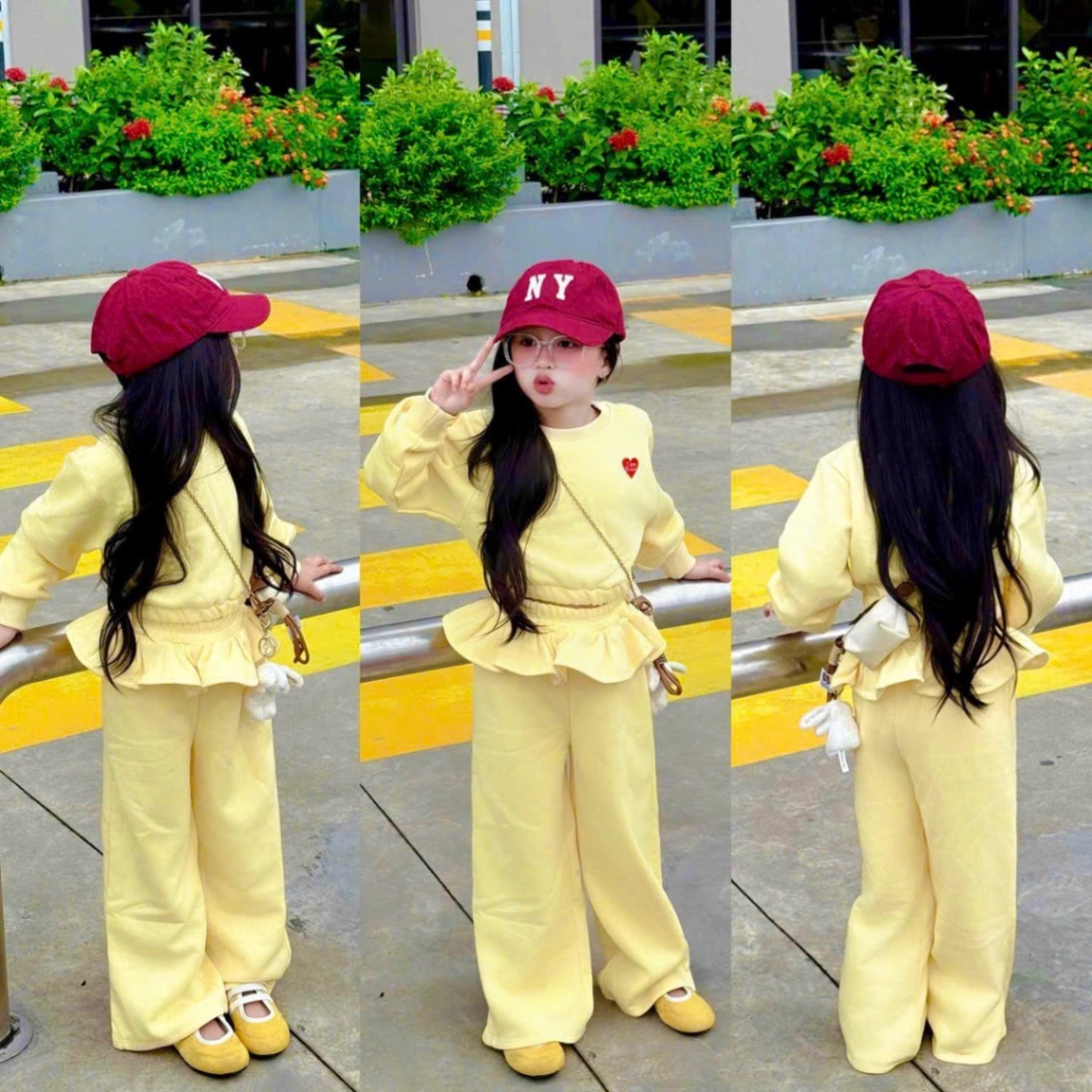 Sét bộ nỉ trái tim quần cạp bèo bé gái