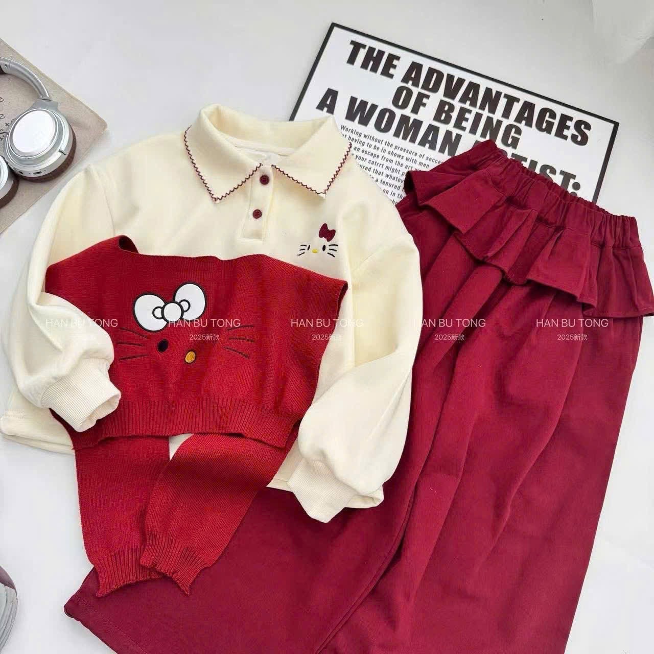 Sét bộ nỉ kèm khăn kitty +quần cạp bèo bé gái