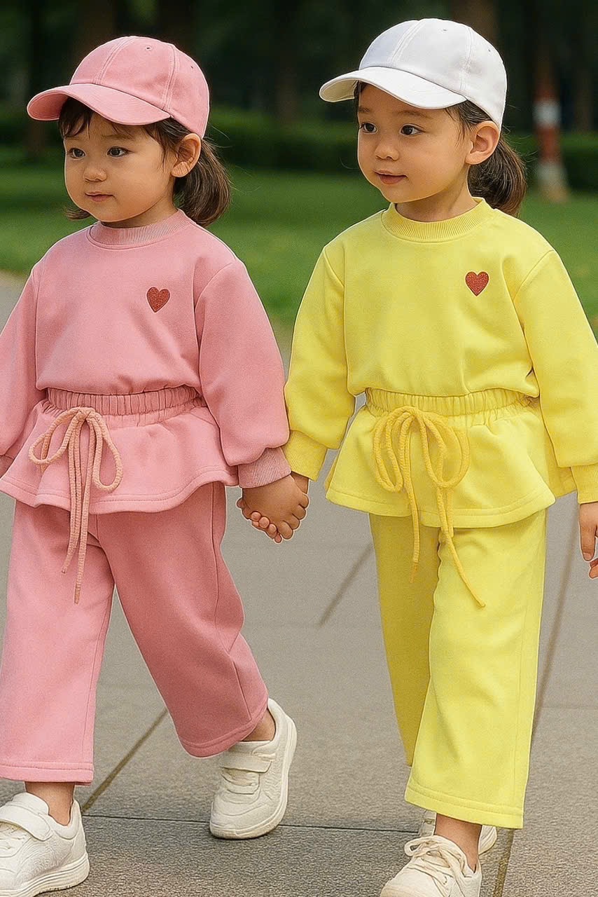 Sét bộ nỉ trái tim quần cạp bèo bé gái