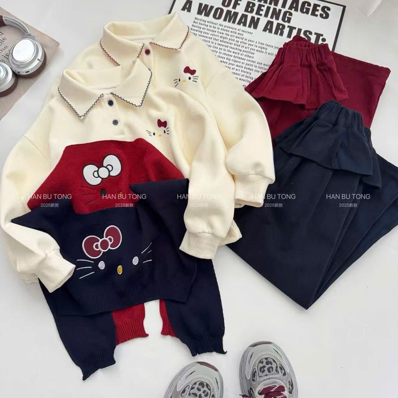 Sét bộ nỉ kèm khăn kitty +quần cạp bèo bé gái