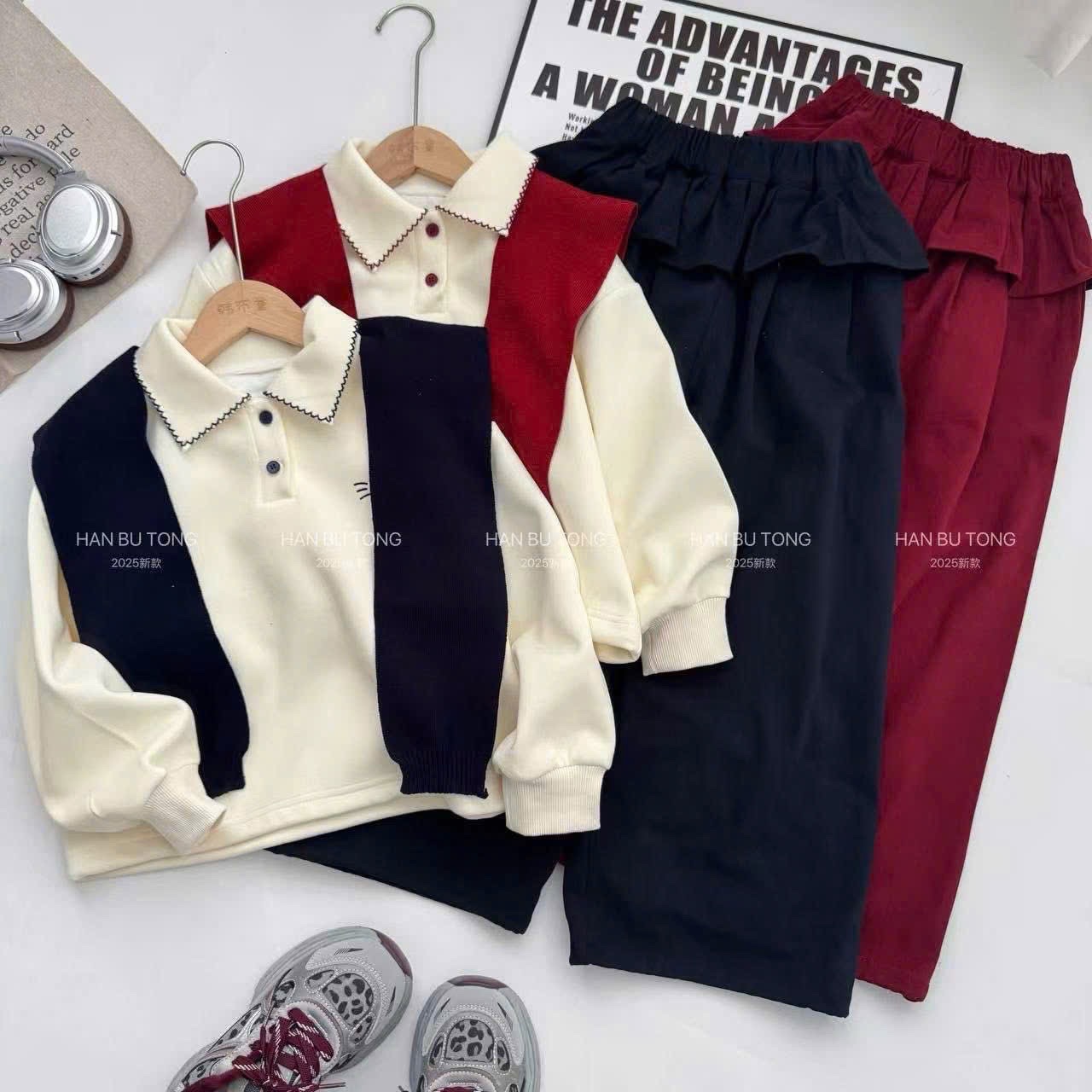 Sét bộ nỉ kèm khăn kitty +quần cạp bèo bé gái