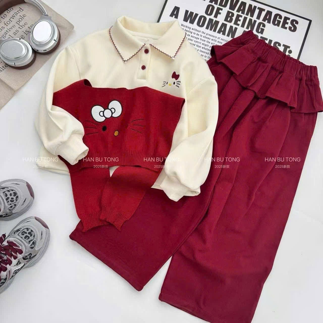 Sét bộ nỉ kèm khăn kitty +quần cạp bèo bé gái