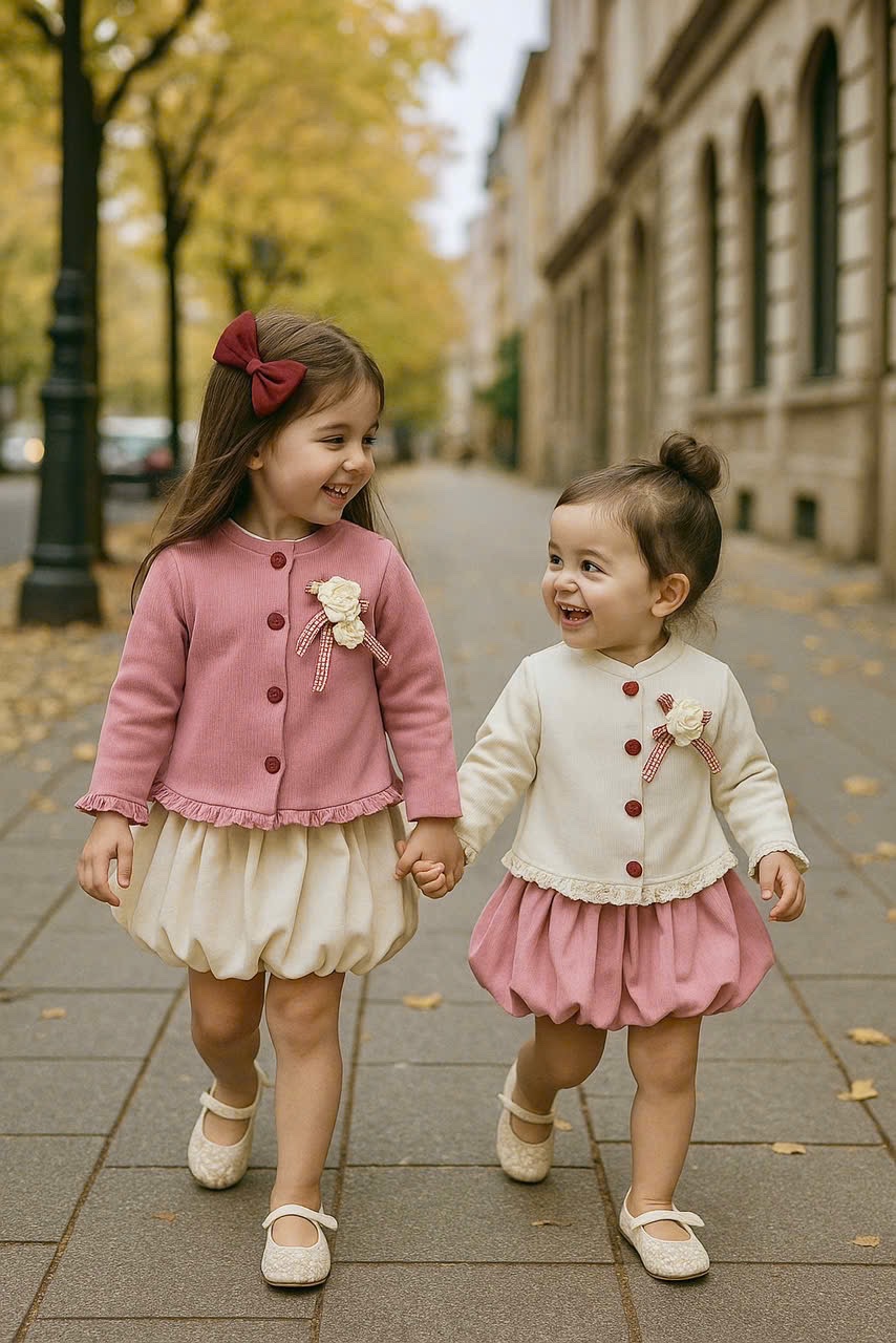 (Theo màu áo) Sét áo tăm thỏ cúc tim cv bồng bé gái xk