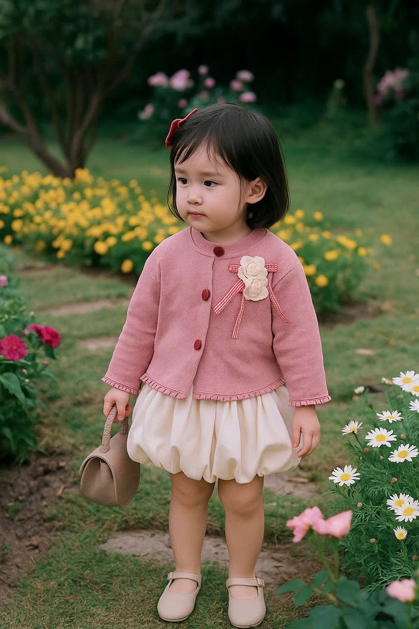 (Theo màu áo) Sét áo tăm thỏ cúc tim cv bồng bé gái xk