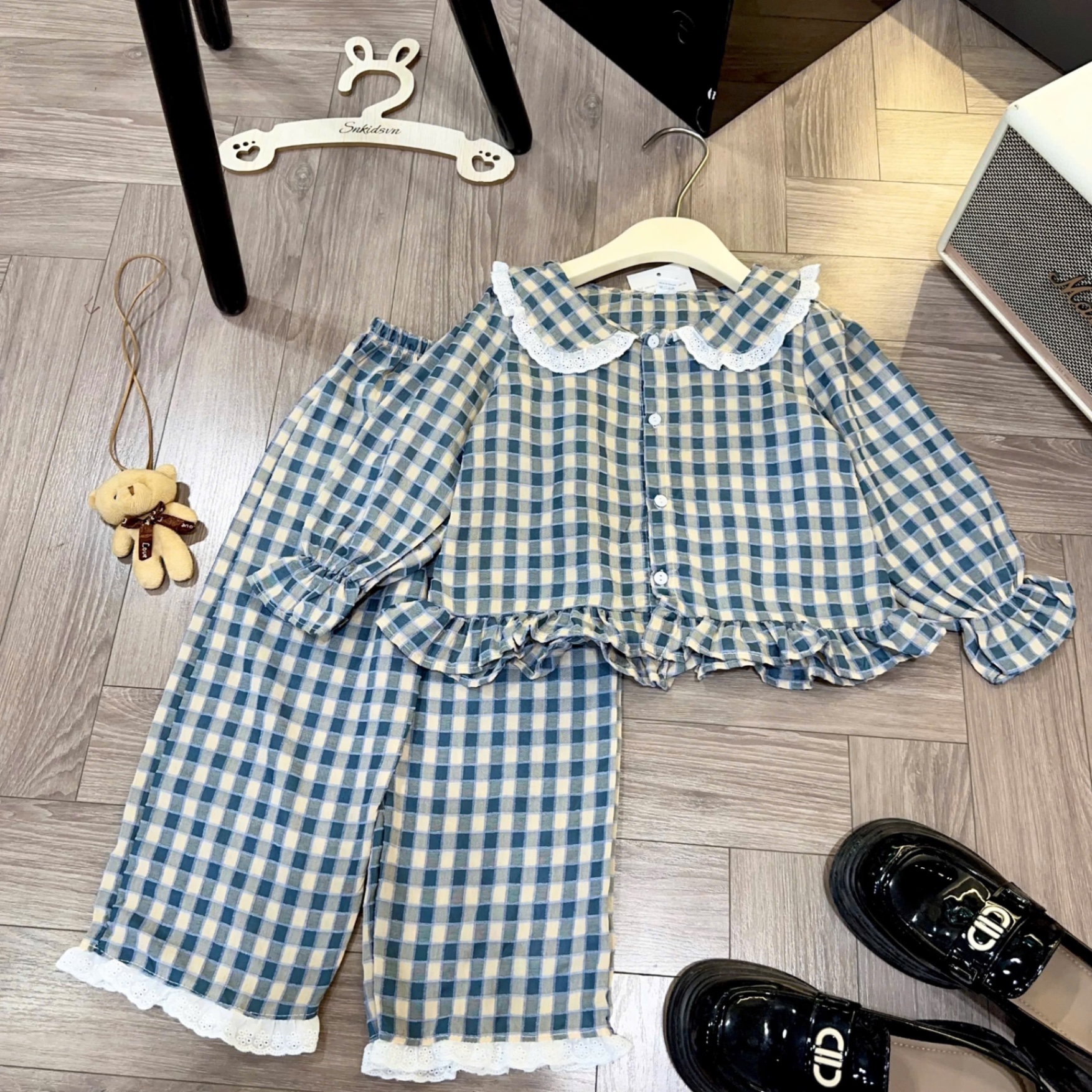 Sét pzm caro cổ phối ren bé gái sn