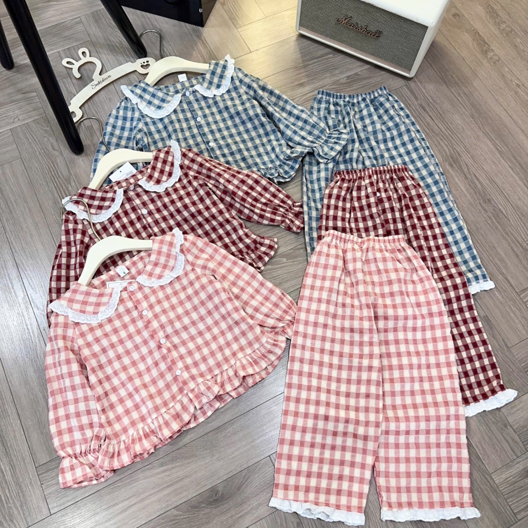 Sét pzm caro cổ phối ren bé gái sn