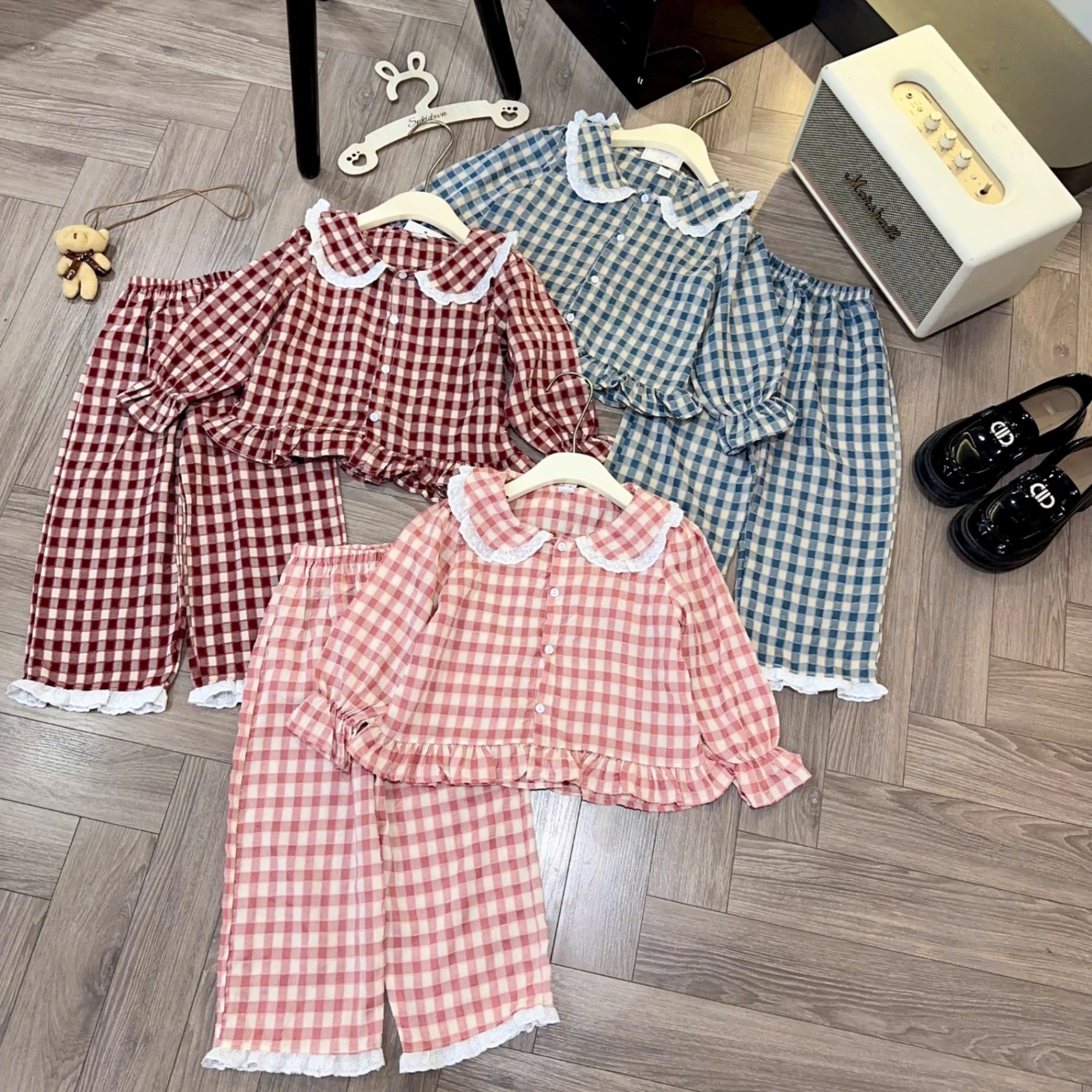 Sét pzm caro cổ phối ren bé gái sn