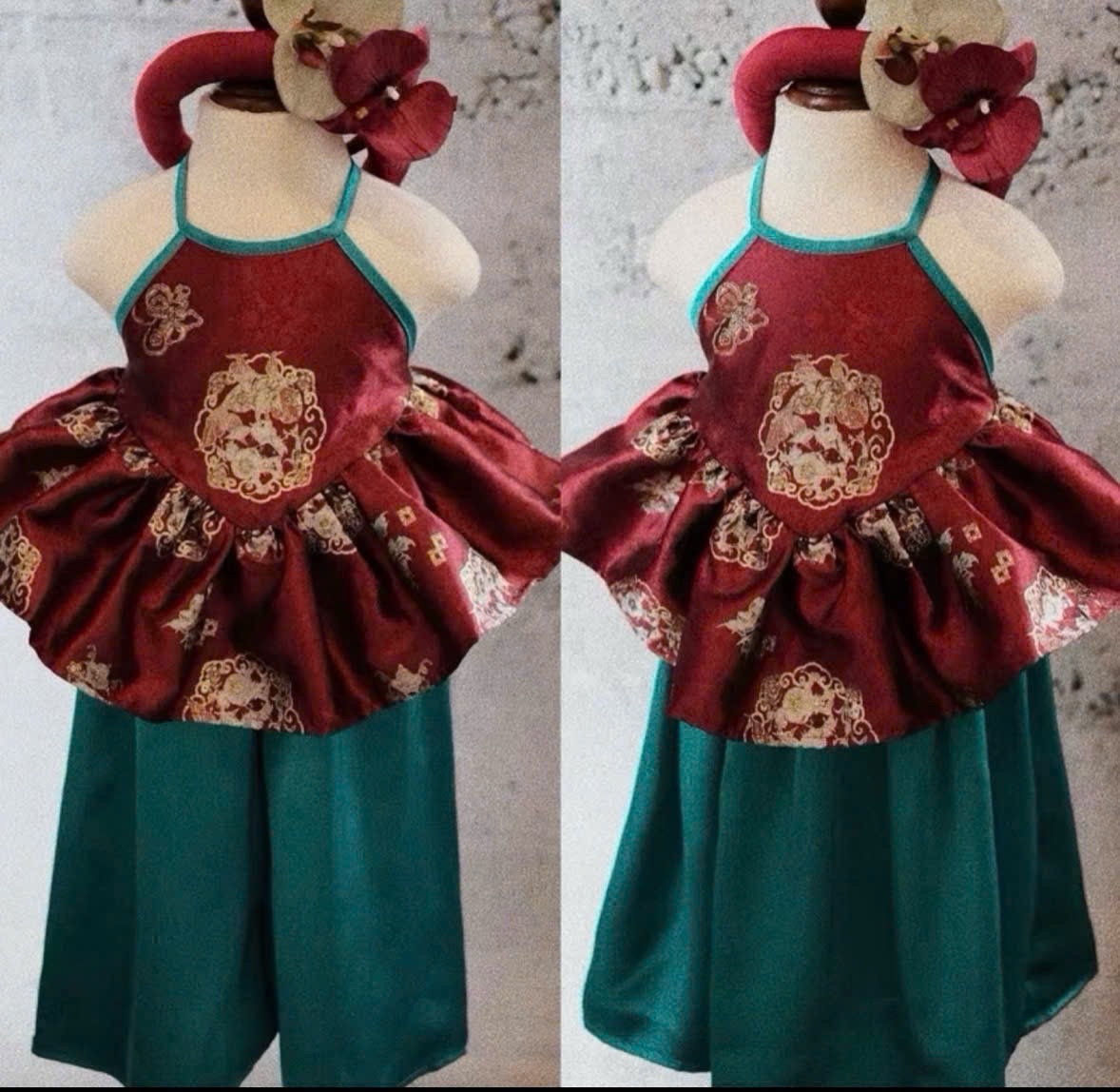 Sét yếm đỏ quần xuông xanh kèm mấn hoa bé gái