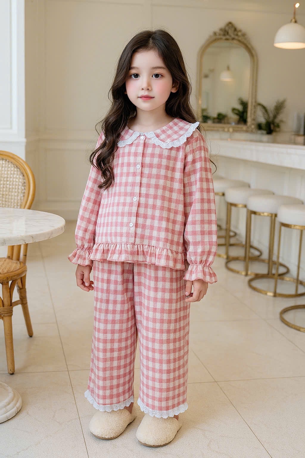 Sét pzm caro cổ phối ren bé gái sn