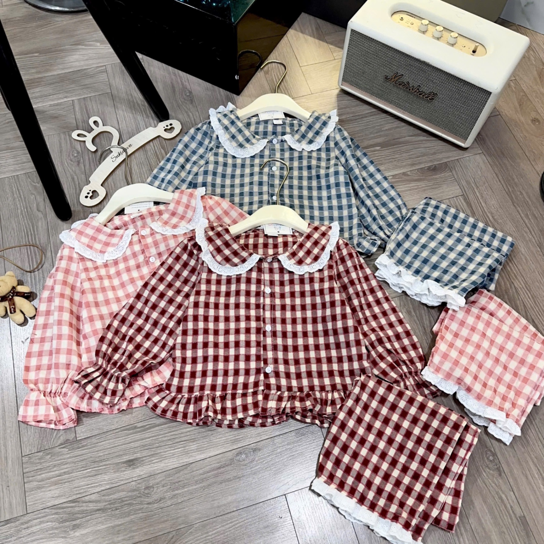 Sét pzm caro cổ phối ren bé gái sn