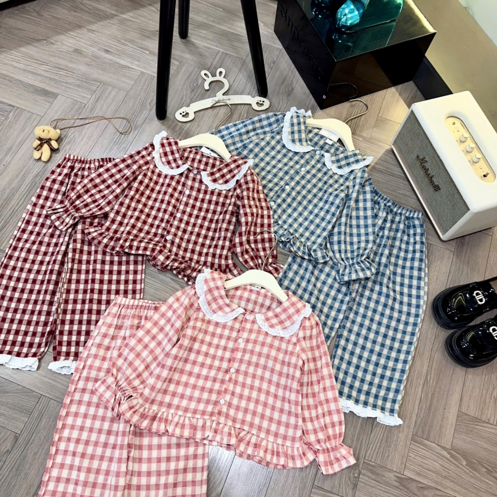 Sét pzm caro cổ phối ren bé gái sn