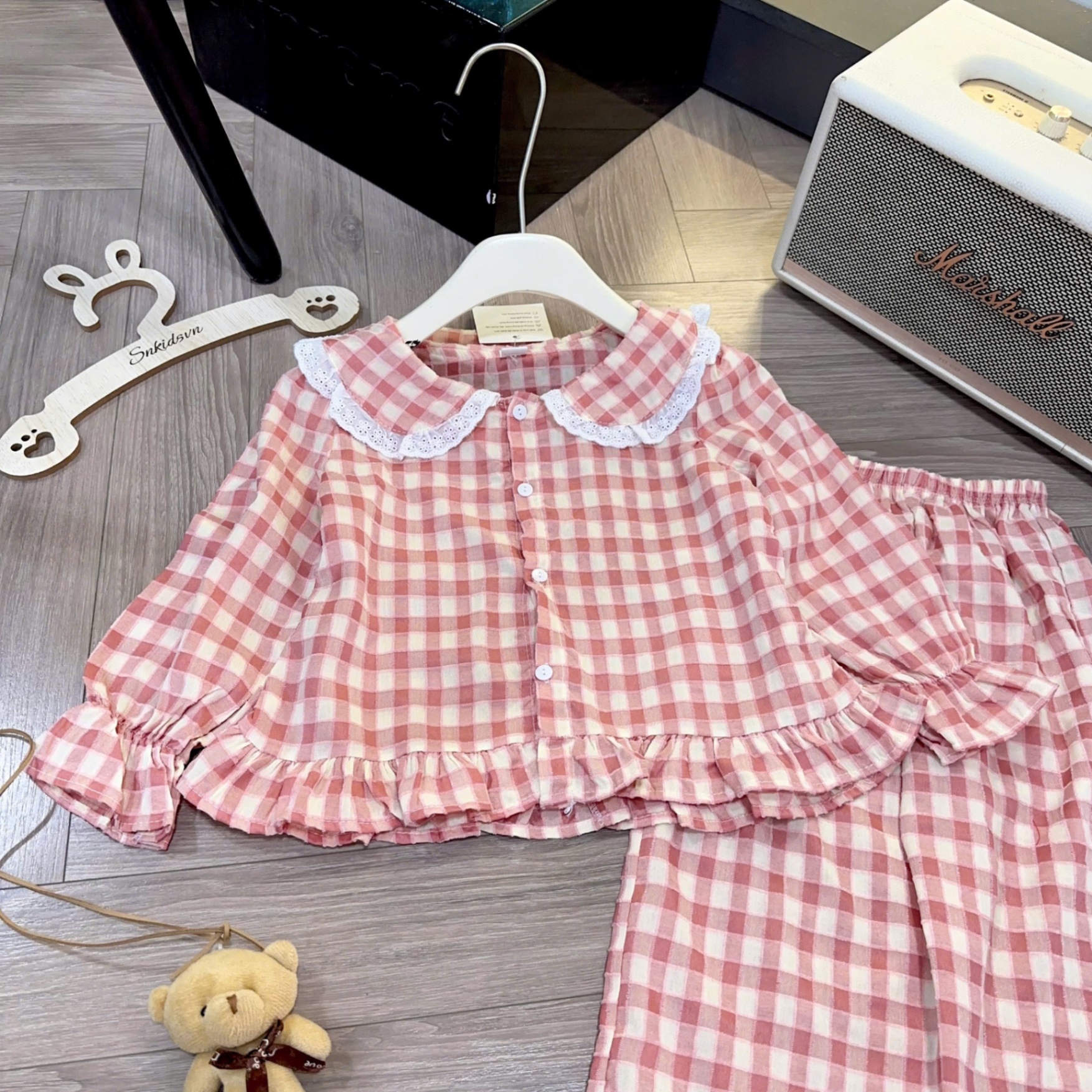 Sét pzm caro cổ phối ren bé gái sn