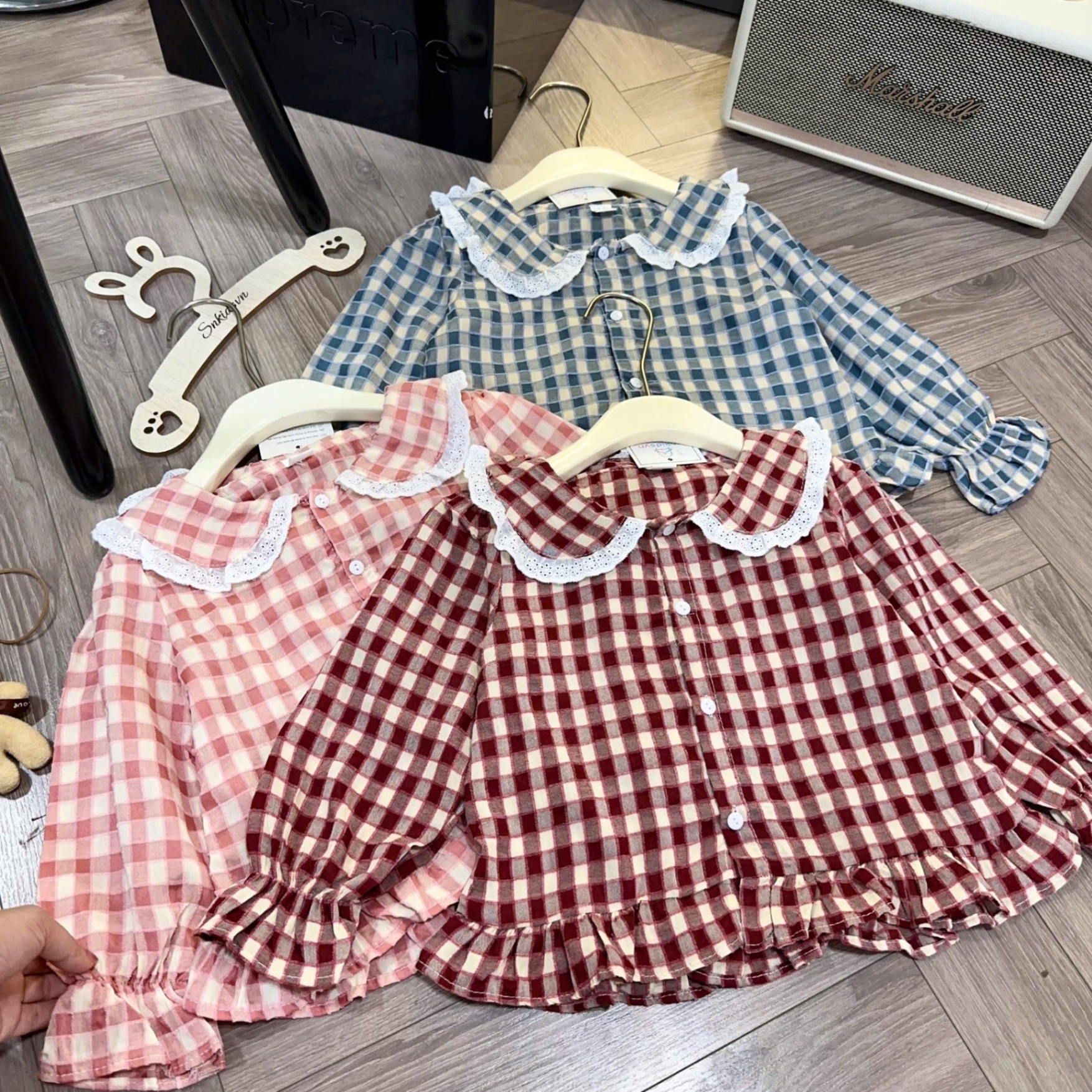 Sét pzm caro cổ phối ren bé gái sn