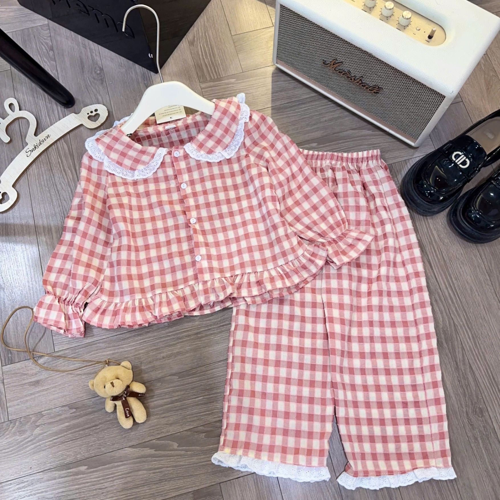 Sét pzm caro cổ phối ren bé gái sn