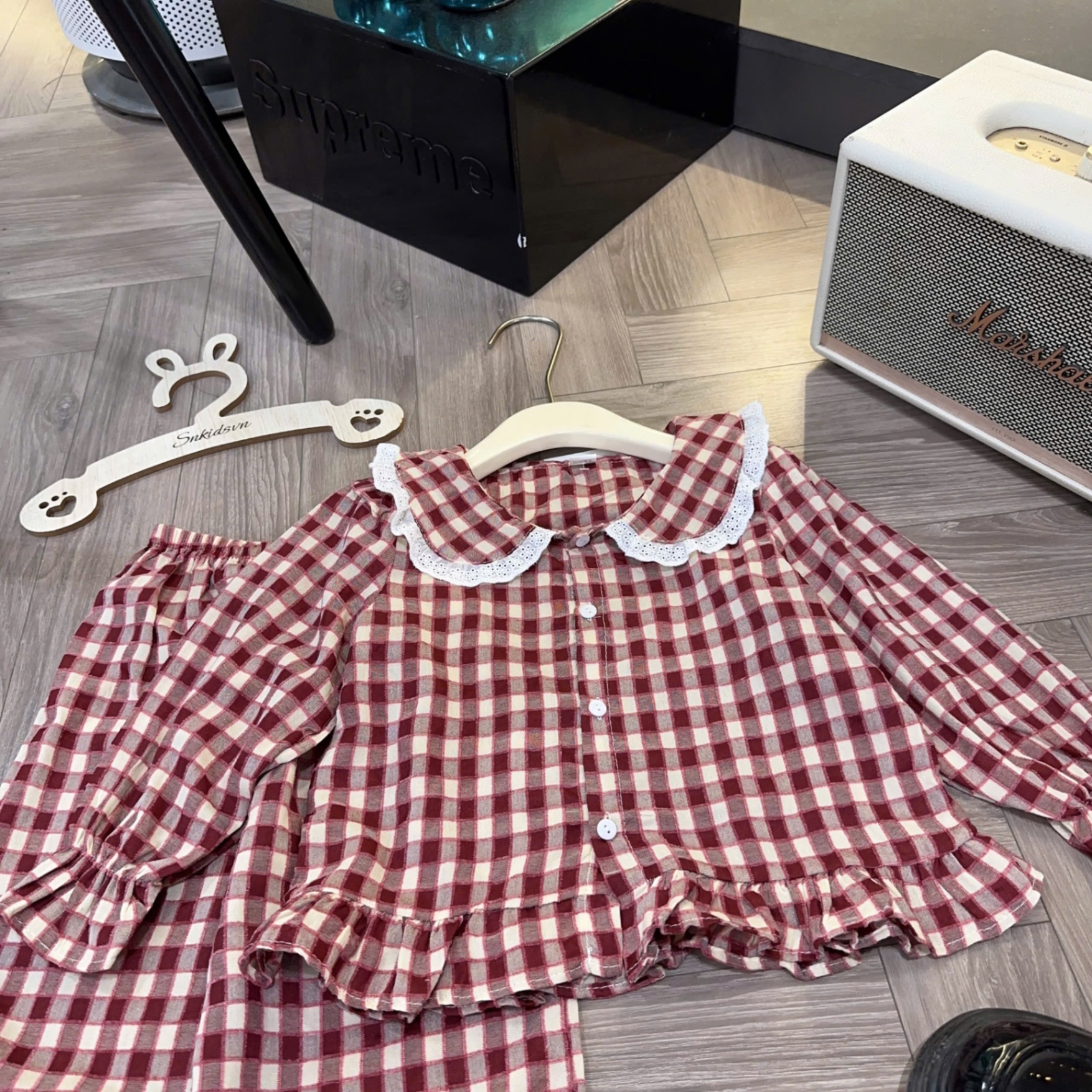 Sét pzm caro cổ phối ren bé gái sn