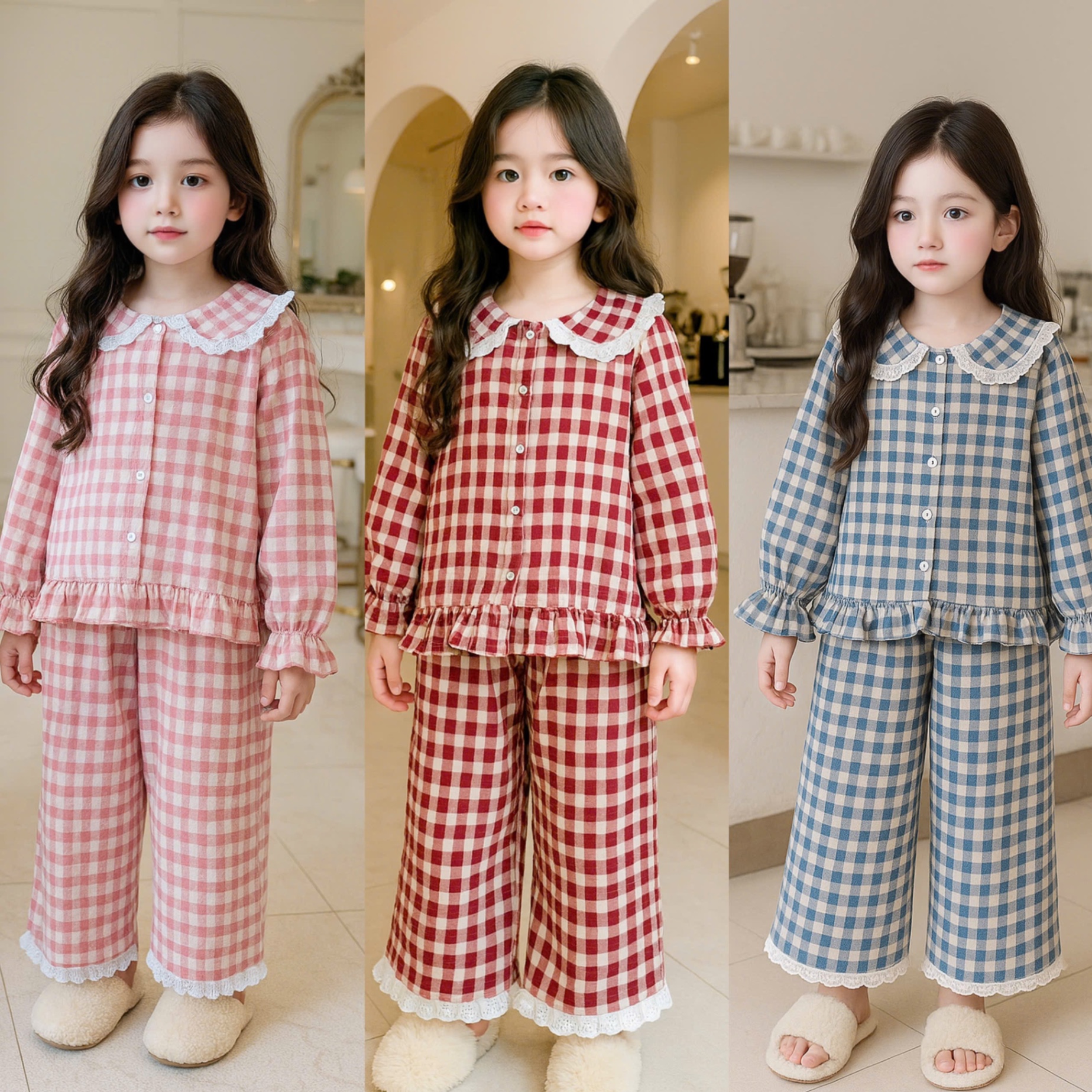 Sét pzm caro cổ phối ren bé gái sn