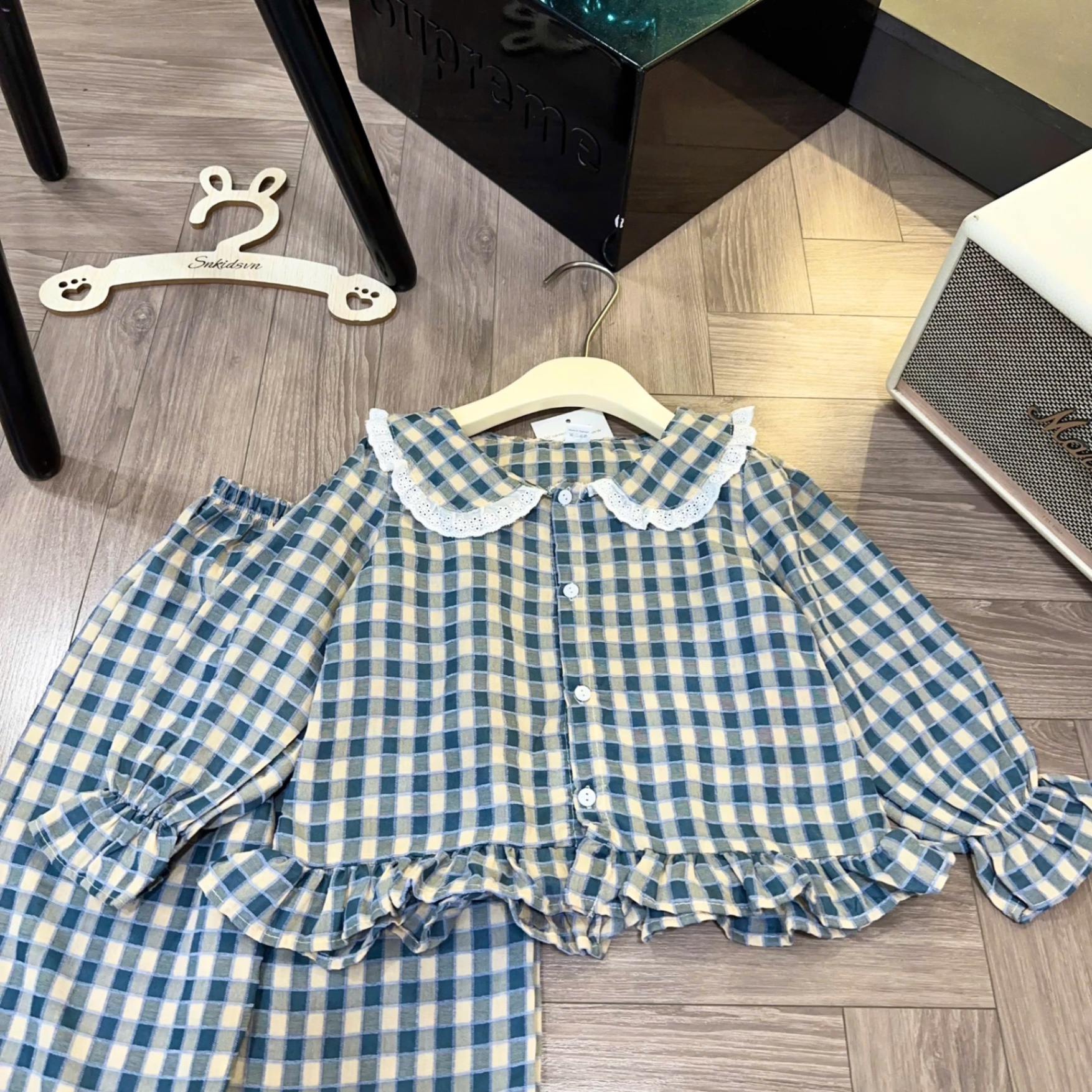 Sét pzm caro cổ phối ren bé gái sn