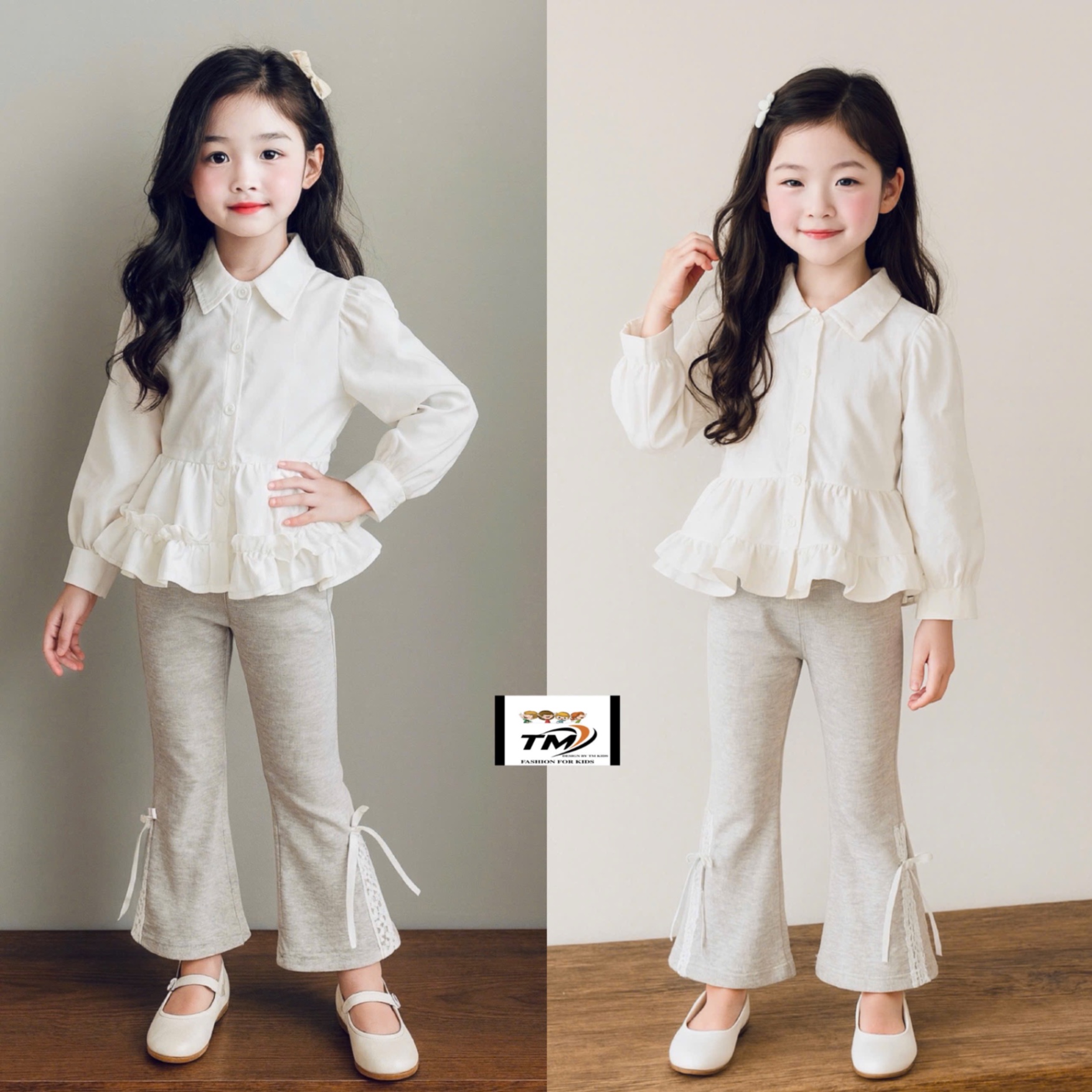 Sét áo sơ mi bèo quần tăm loe đính nơ bé gái