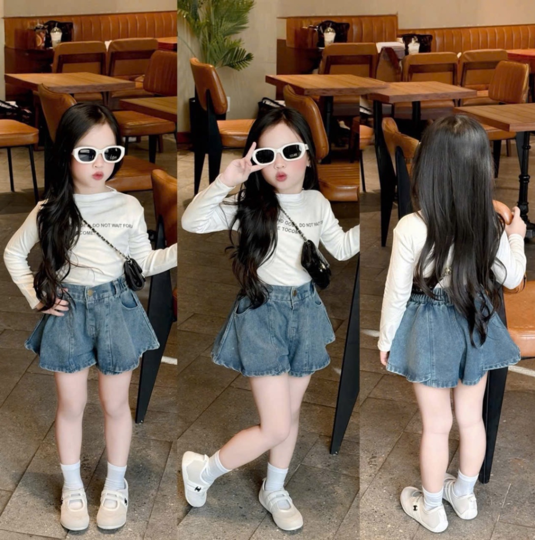 Sét áo chữ dài tay quần sooc bò giả váy bé gái