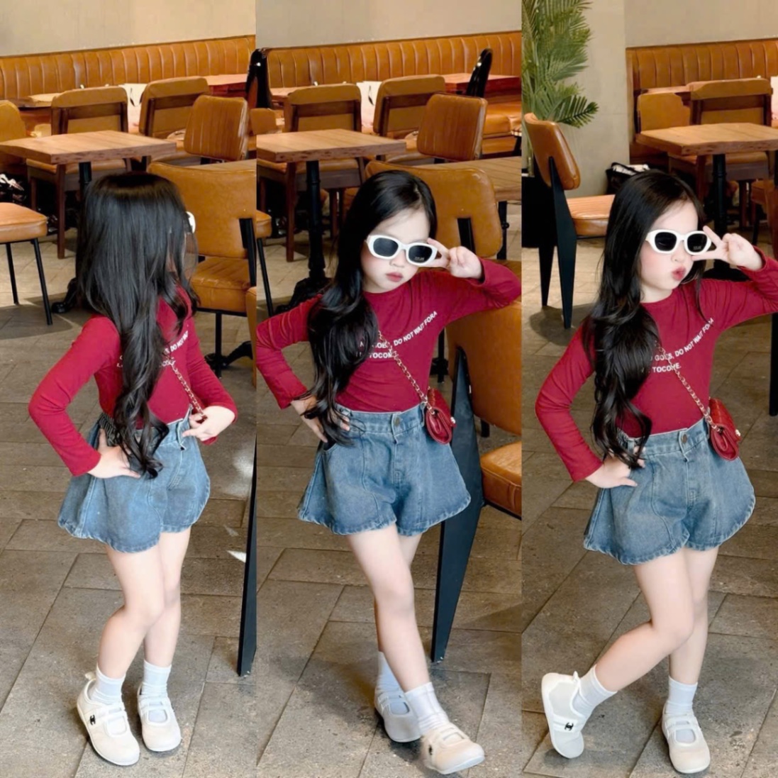 Sét áo chữ dài tay quần sooc bò giả váy bé gái