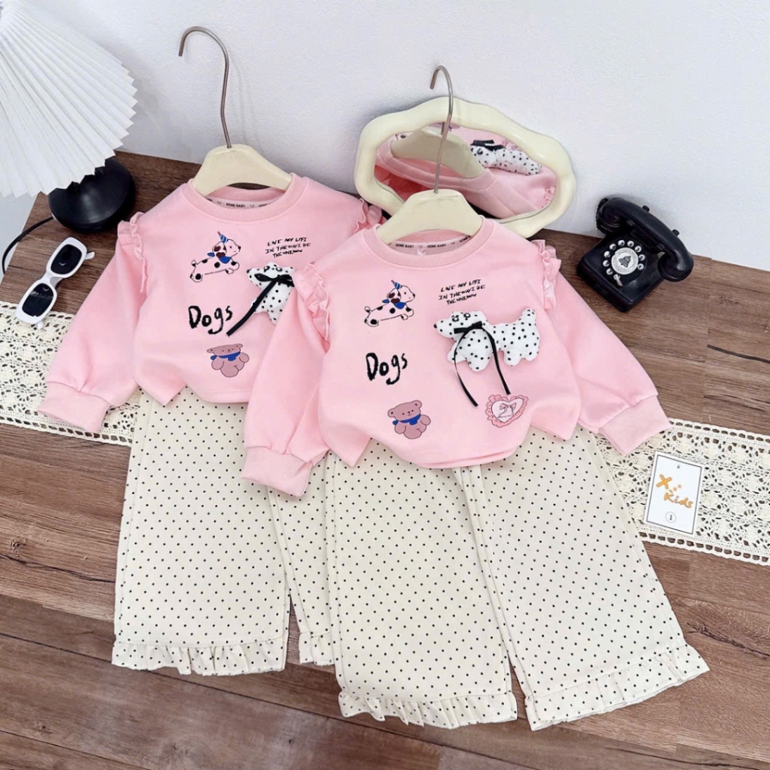 Sét bộ nỉ hồng chó đốm bé gái