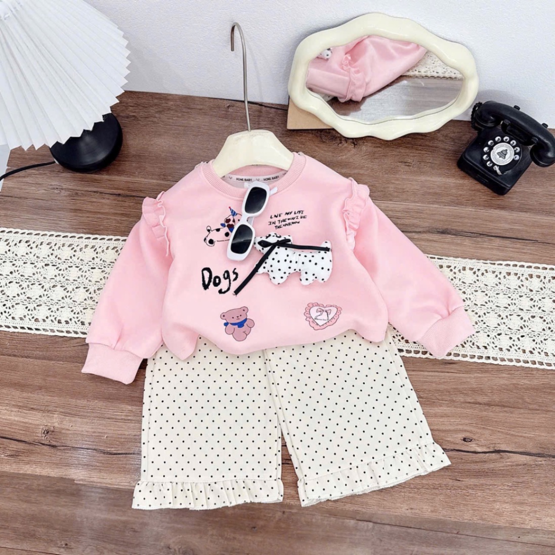 Sét bộ nỉ hồng chó đốm bé gái