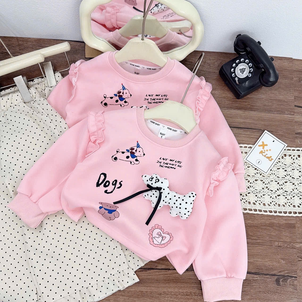 Sét bộ nỉ hồng chó đốm bé gái