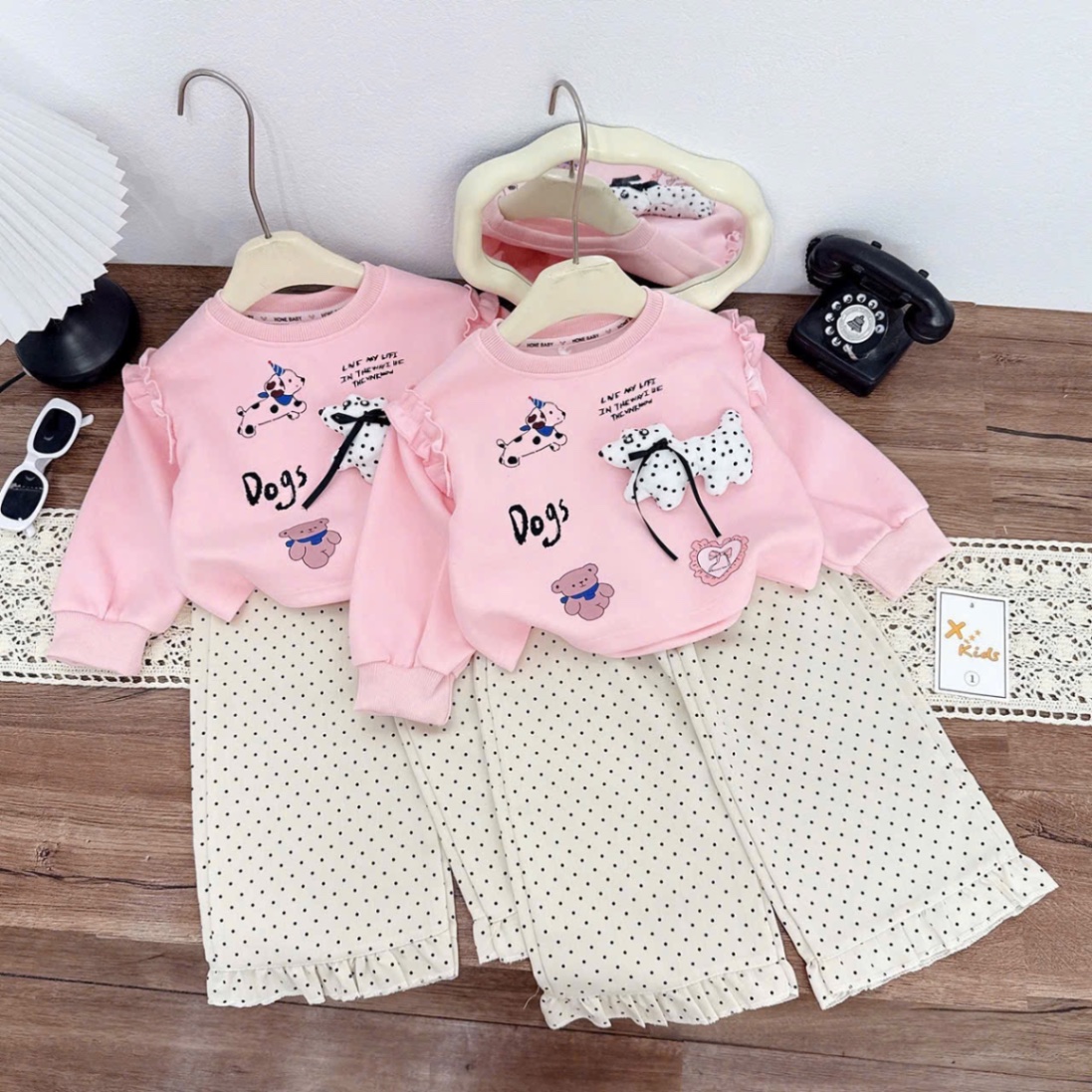 Sét bộ nỉ hồng chó đốm bé gái