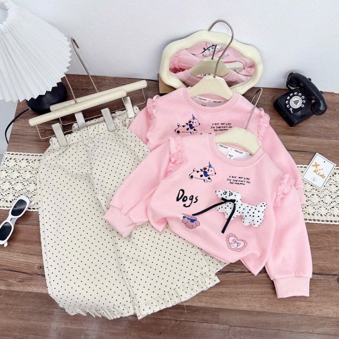 Sét bộ nỉ hồng chó đốm bé gái