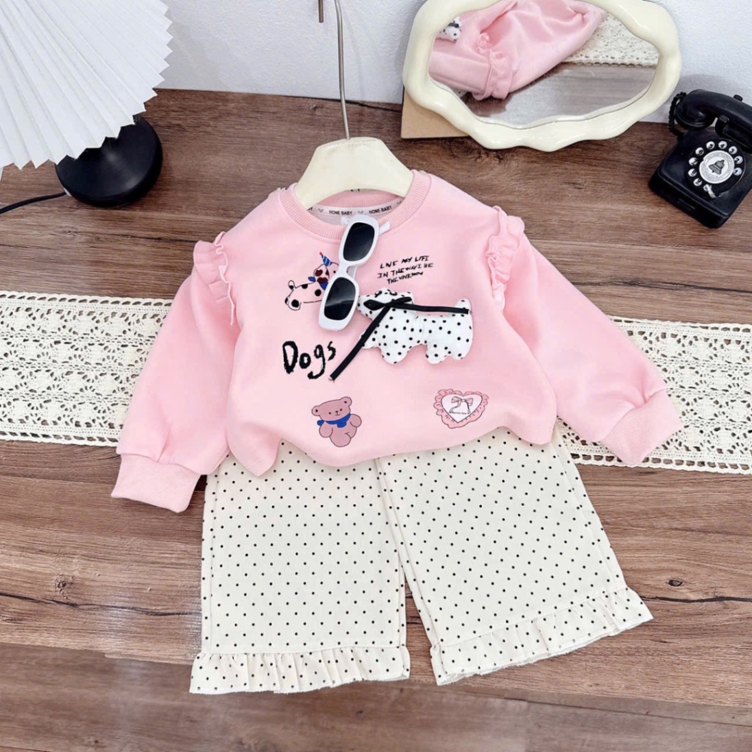Sét bộ nỉ hồng chó đốm bé gái