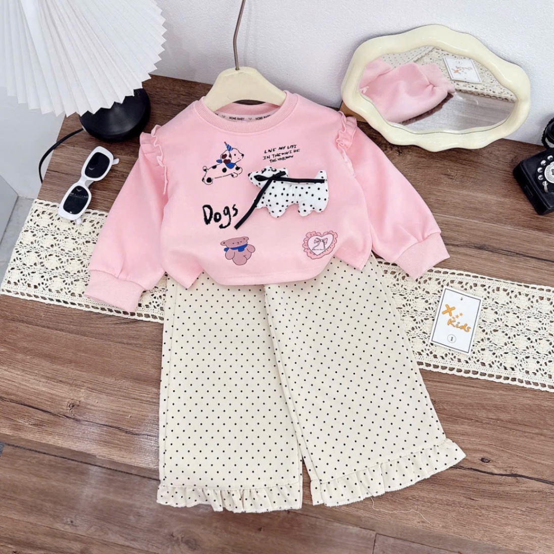 Sét bộ nỉ hồng chó đốm bé gái