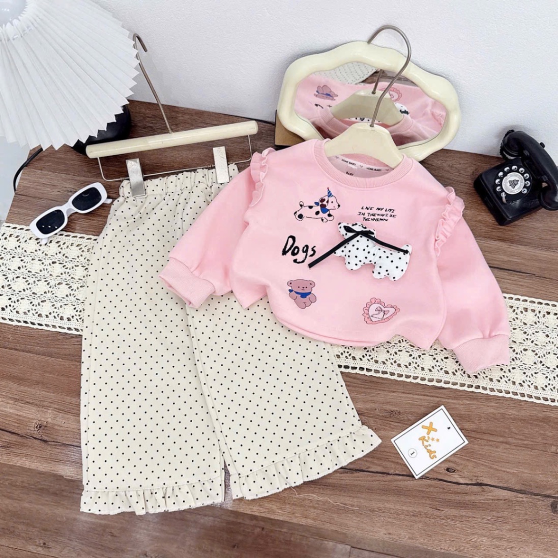 Sét bộ nỉ hồng chó đốm bé gái